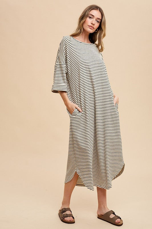 Striped Round Neck Terry Midi Dress