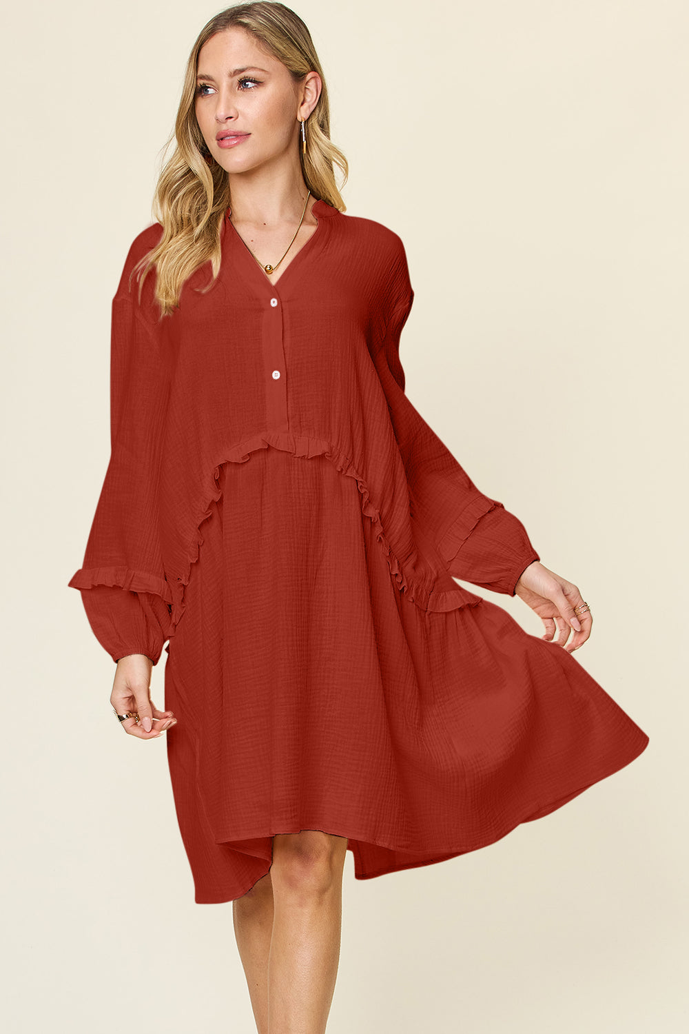 Textured Half Button Ruffle Trim Dress