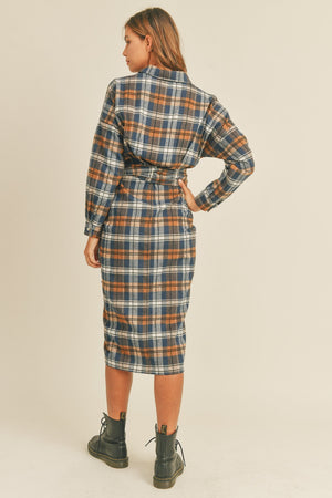 Plaid Flannel Front Tie Button Down Shirt Dress