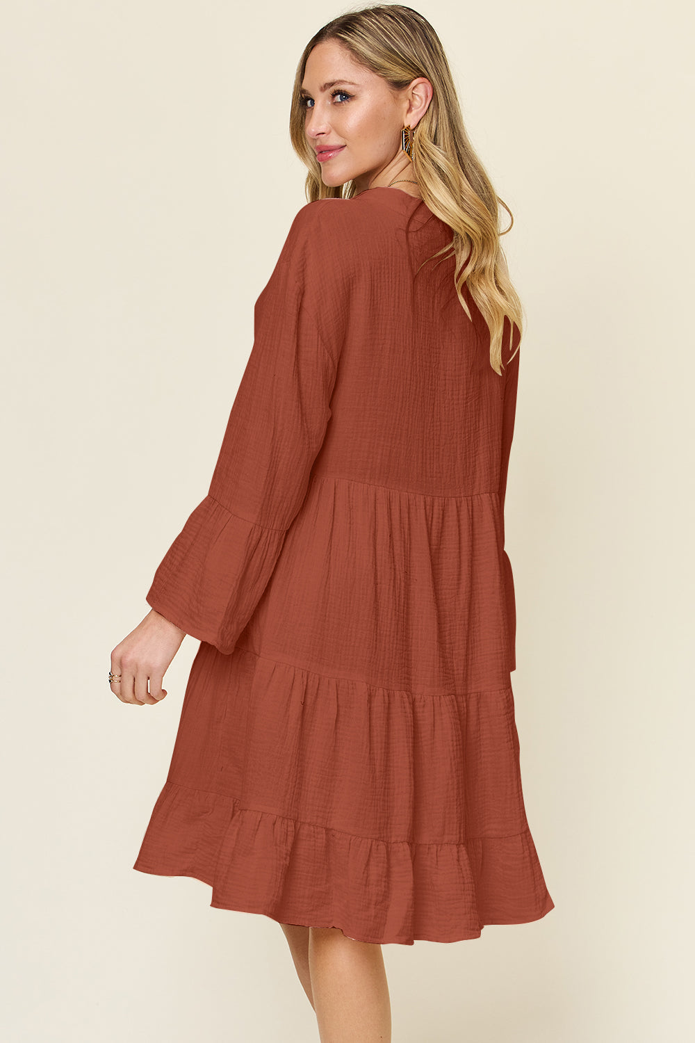 Textured Button Up Ruffle Hem Dress