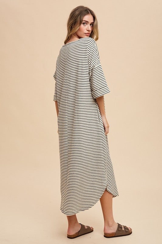 Striped Round Neck Terry Midi Dress