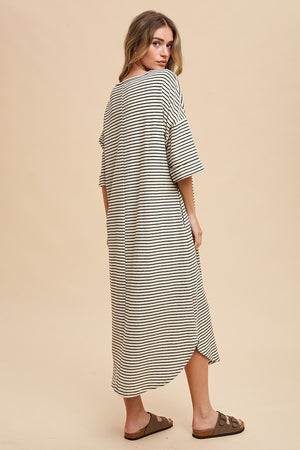 Striped Round Neck Terry Midi Dress