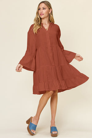 Textured Button Up Ruffle Hem Dress