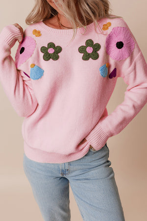 Crochet Flower Round Neck Dropped Shoulder Sweater