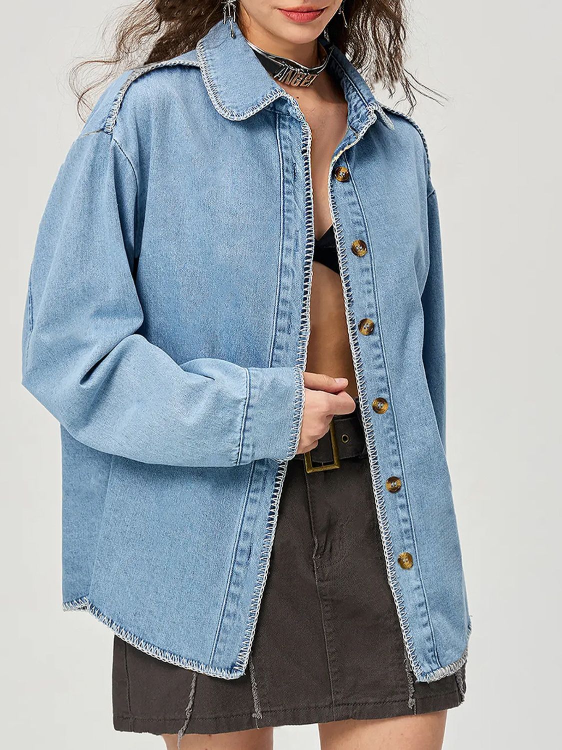 Button Up Collared Neck Denim Top