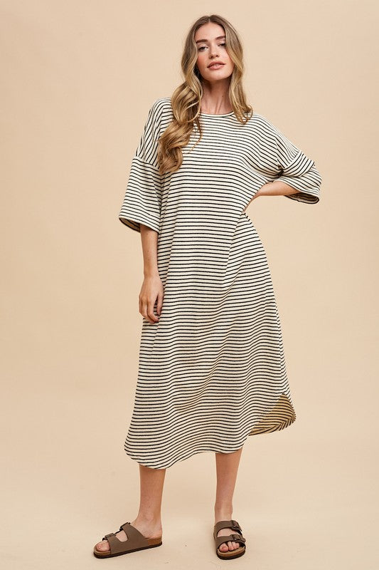 Striped Round Neck Terry Midi Dress