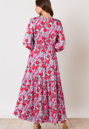 Printed Round Neck Lantern Sleeve Maxi Dress