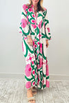 Printed Notched Long Sleeve Maxi Dress