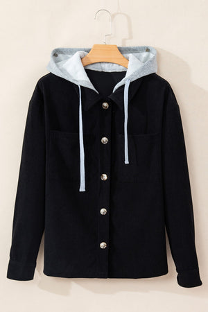 Drawstring Button Up Long Sleeve Hooded Jacket