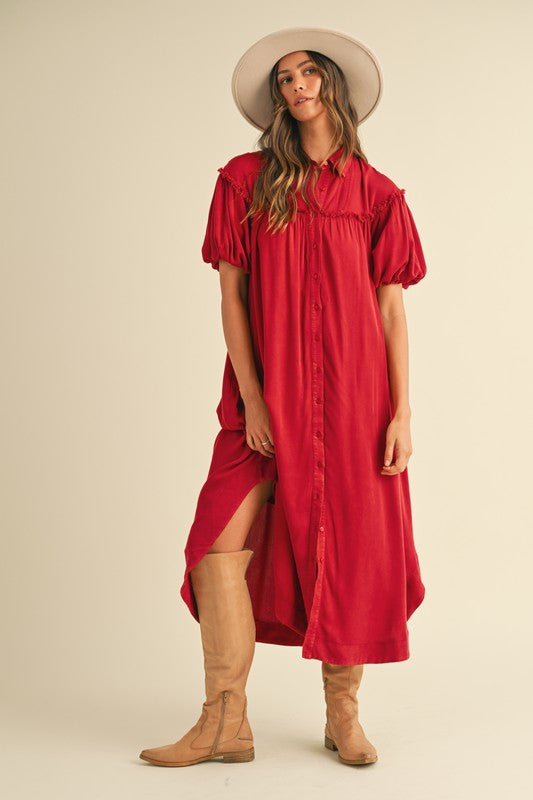 Love is in the Air Mineral Washed Button Down Puff Sleeve Shirt Dress