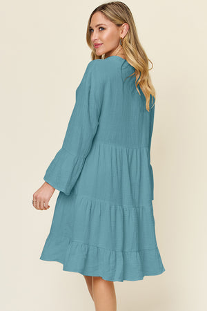 Textured Button Up Ruffle Hem Dress