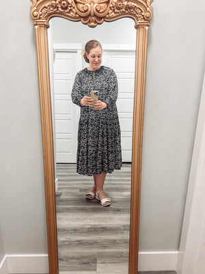 Printed Tie Neck Flounce Sleeve Midi Dress