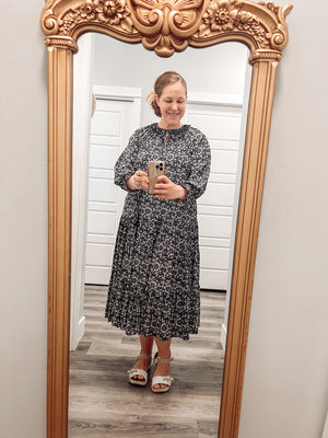 Printed Tie Neck Flounce Sleeve Midi Dress