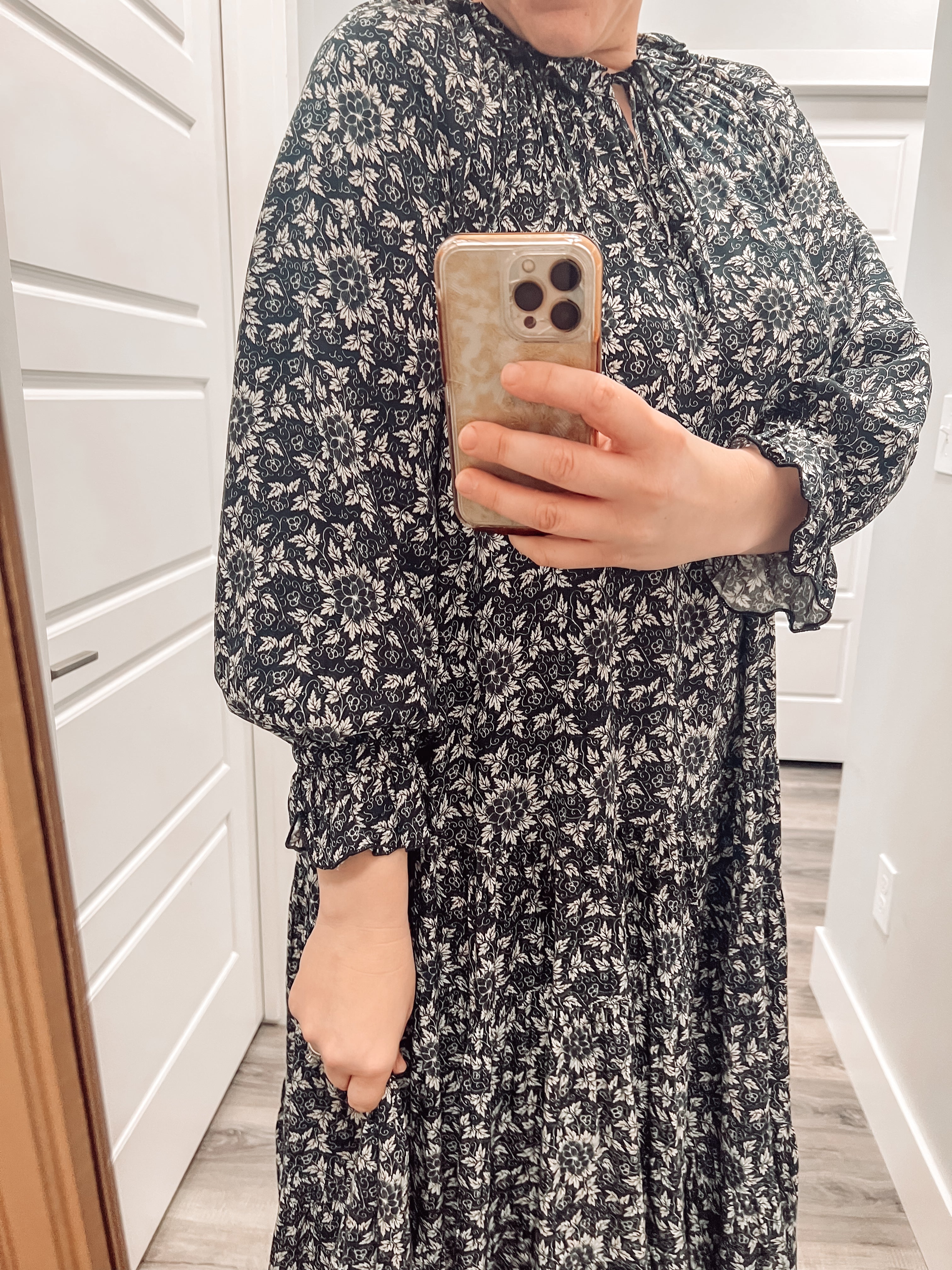 Printed Tie Neck Flounce Sleeve Midi Dress