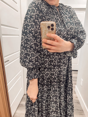 Printed Tie Neck Flounce Sleeve Midi Dress