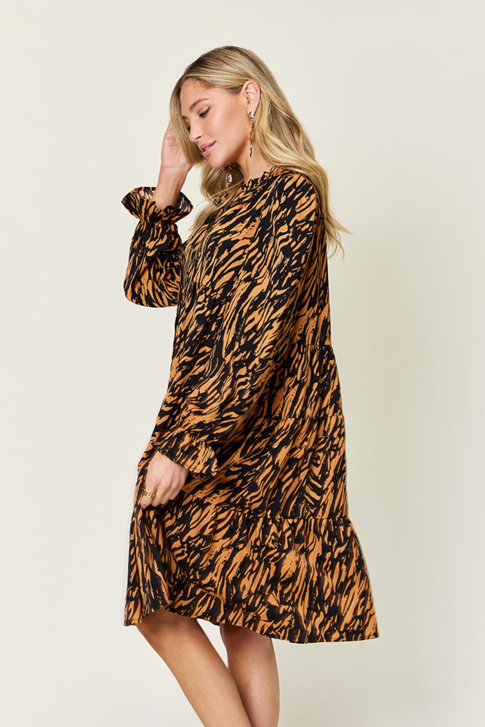 Living the Life Full Size Printed Ruffle Hem Long Sleeve Dress