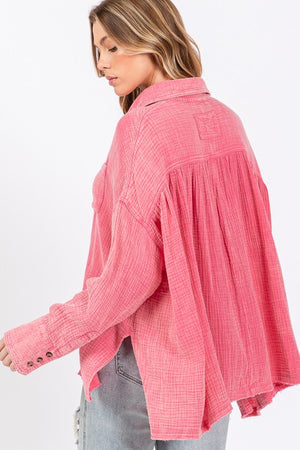 Frayed Hem Side Slit Button Down Shirt