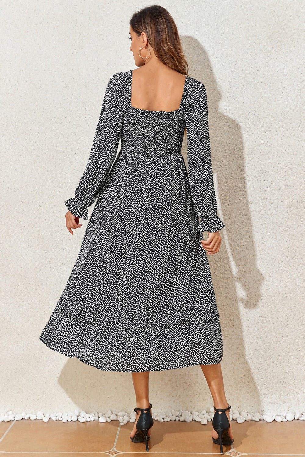 Printed Square Neck Long Sleeve Midi Dress