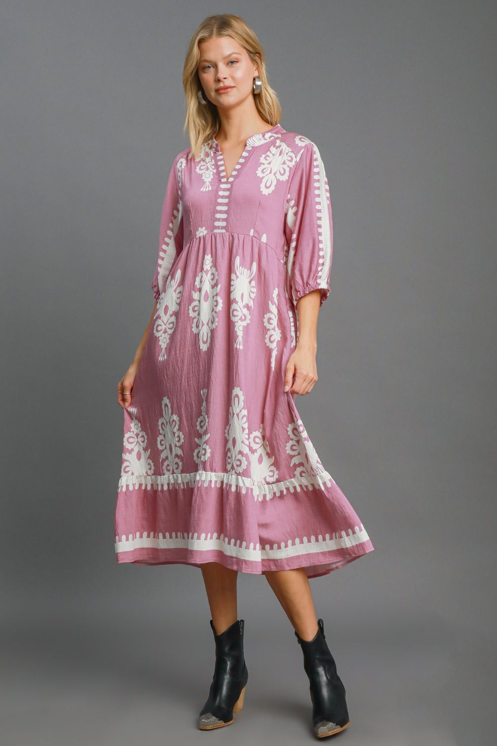 Lady Printed Notched Midi Dress