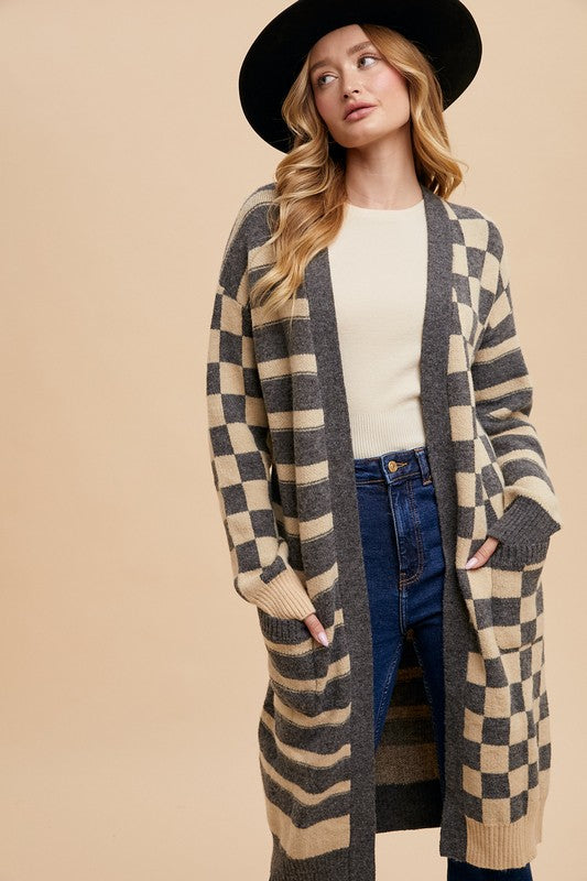 Checkered & Striped Open Front Long Sleeve Cardigan