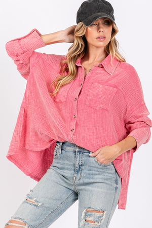 Frayed Hem Side Slit Button Down Shirt