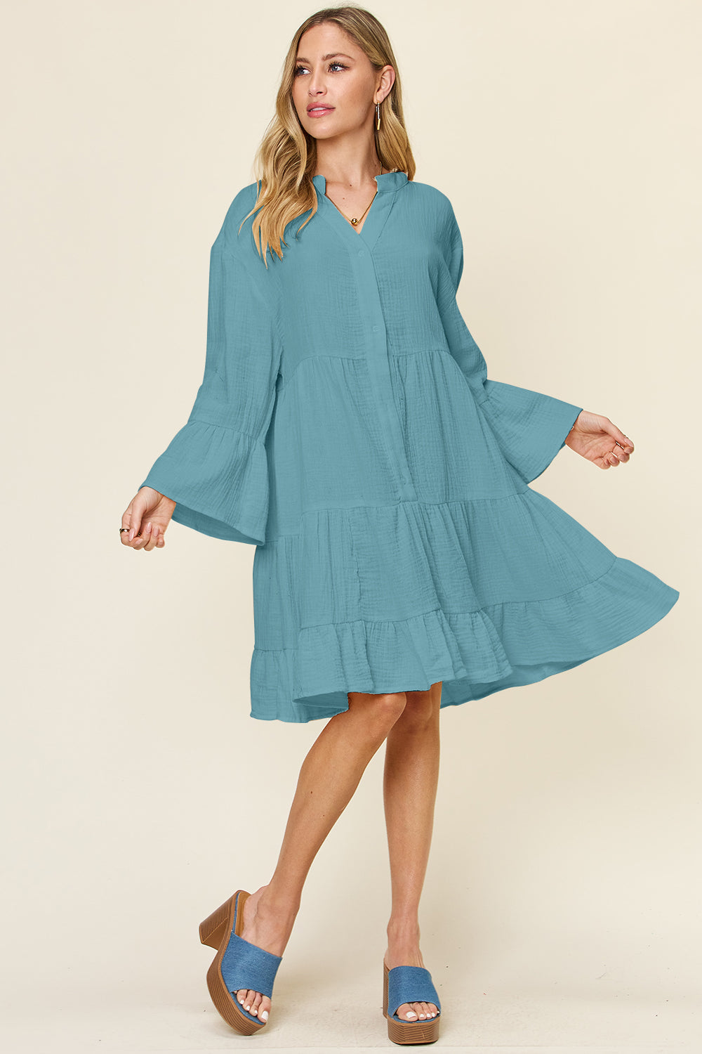 Textured Button Up Ruffle Hem Dress