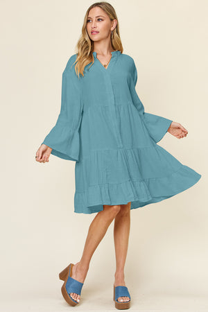 Textured Button Up Ruffle Hem Dress