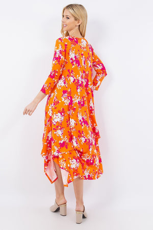 Pick-Up Hem Asymmetric Floral Midi Dress