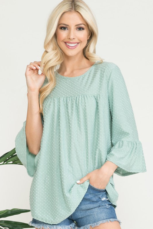 Plus Solid Swiss Dot Bell Sleeve Top