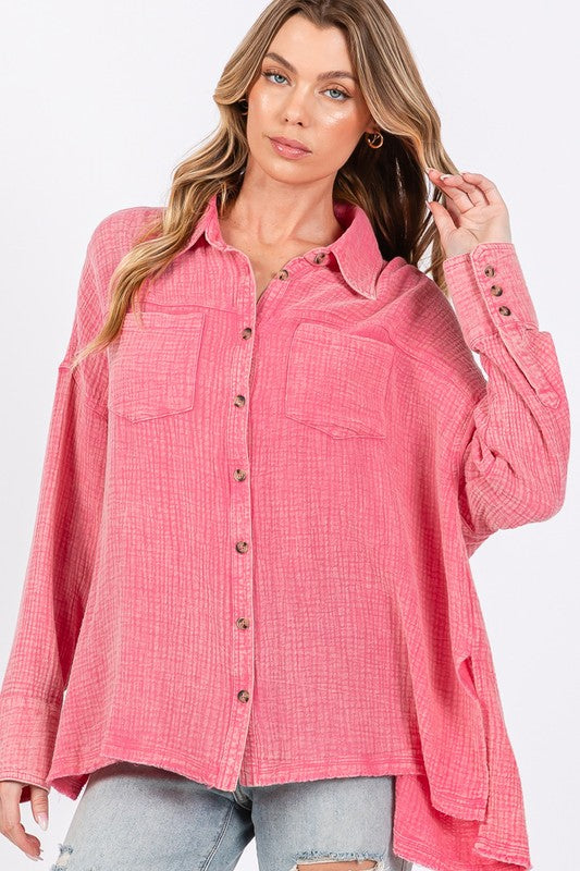 Frayed Hem Side Slit Button Down Shirt