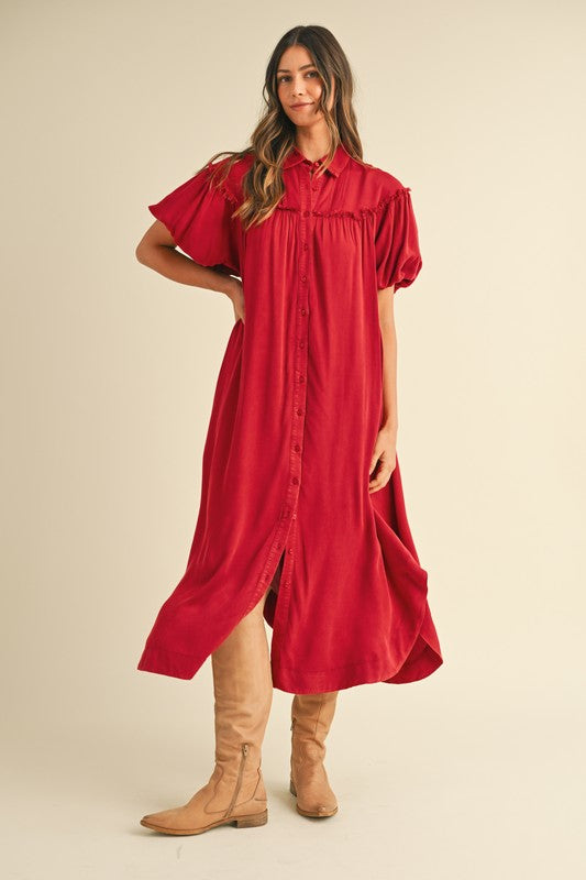 Love is in the Air Mineral Washed Button Down Puff Sleeve Shirt Dress