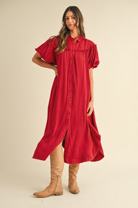 Love is in the Air Mineral Washed Button Down Puff Sleeve Shirt Dress