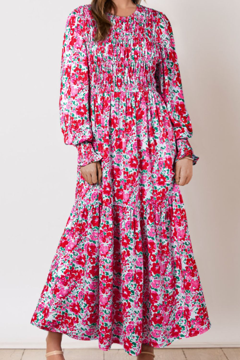 Printed Round Neck Lantern Sleeve Maxi Dress