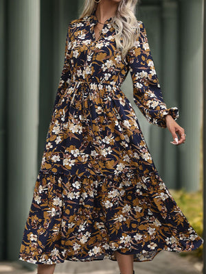 Perfee Printed Notched Long Sleeve Midi Dress