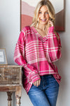 Pink Plaid Drop Shoulder V-Neck T-Shirt