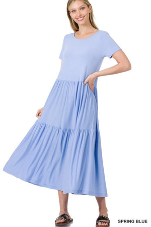 SHORT SLEEVE TIERED MIDI DRESS