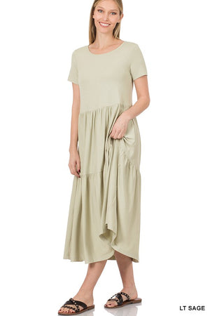 SHORT SLEEVE TIERED MIDI DRESS