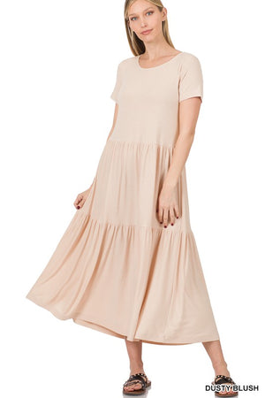 SHORT SLEEVE TIERED MIDI DRESS