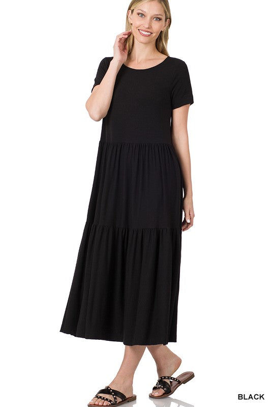 SHORT SLEEVE TIERED MIDI DRESS