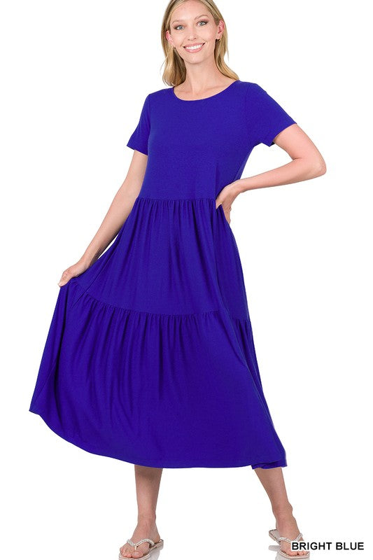 SHORT SLEEVE TIERED MIDI DRESS