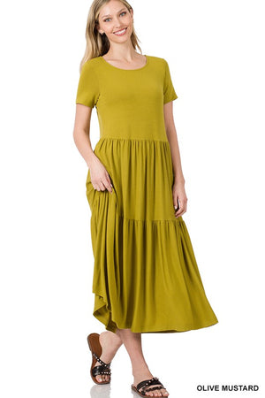 SHORT SLEEVE TIERED MIDI DRESS