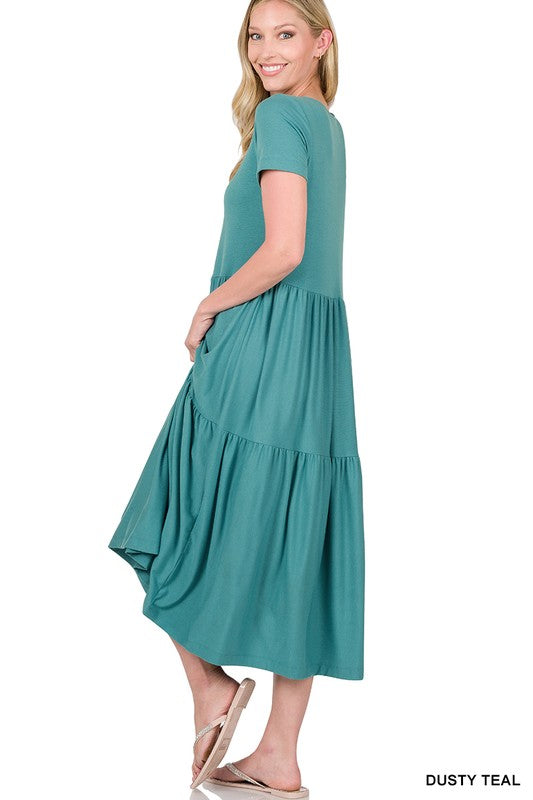 SHORT SLEEVE TIERED MIDI DRESS