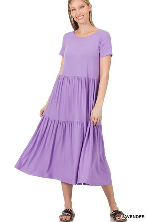 SHORT SLEEVE TIERED MIDI DRESS