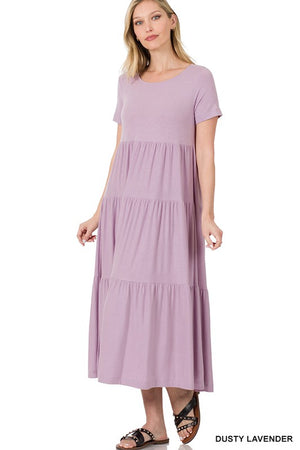 SHORT SLEEVE TIERED MIDI DRESS
