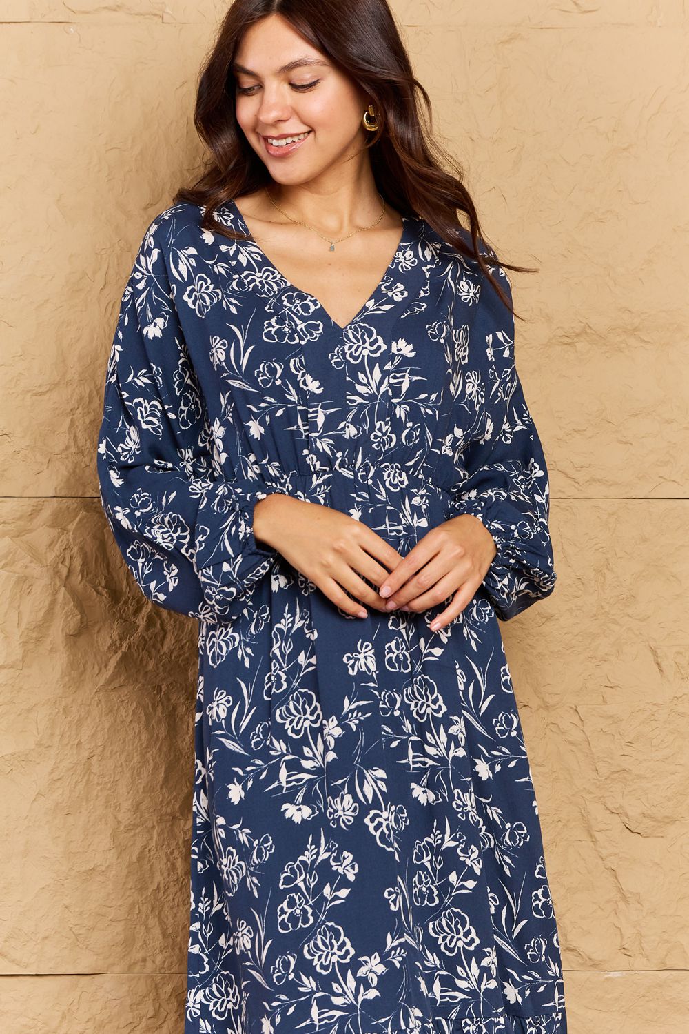 Night Out Full Size Balloon Sleeve Floral Midi Dress