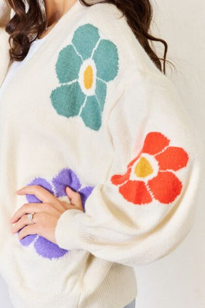 Open Front Flower Pattern Long Sleeve Sweater Cardigan